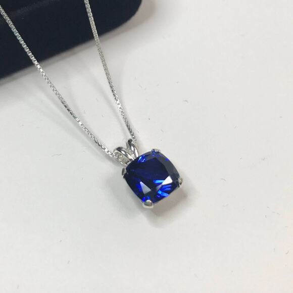 2.5ct Cushion Cut Sapphire Necklace Solitaire Trending Fine  Beautiful 2.5ct Cushion Cut Sapphire Necklace in Sterling Silver